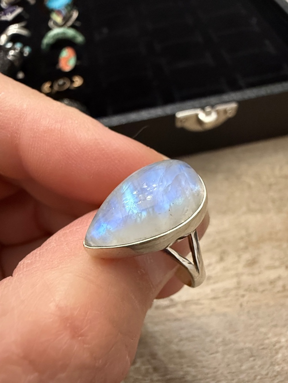 Moonstone Teardrop Sterling Silver Ring - Blue Flash